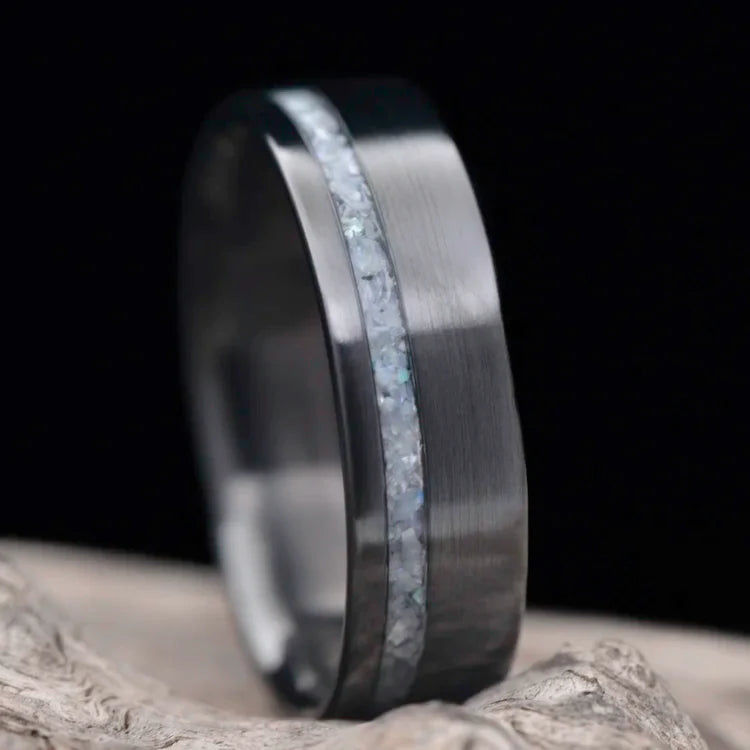 Black titanium wedding band with pearl inlay on white sea branch, 7mm mens wedding ring, polished flat profile, unique design, free engraving available.