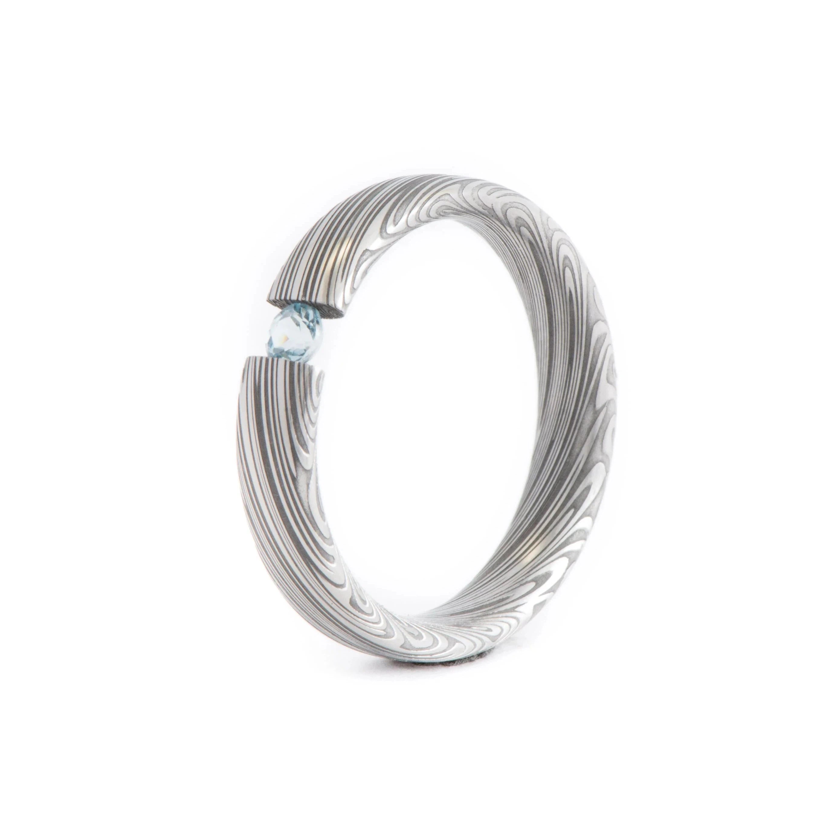 Damascus Engagement Ring Tension Set Aquamarine Stone | 5mm