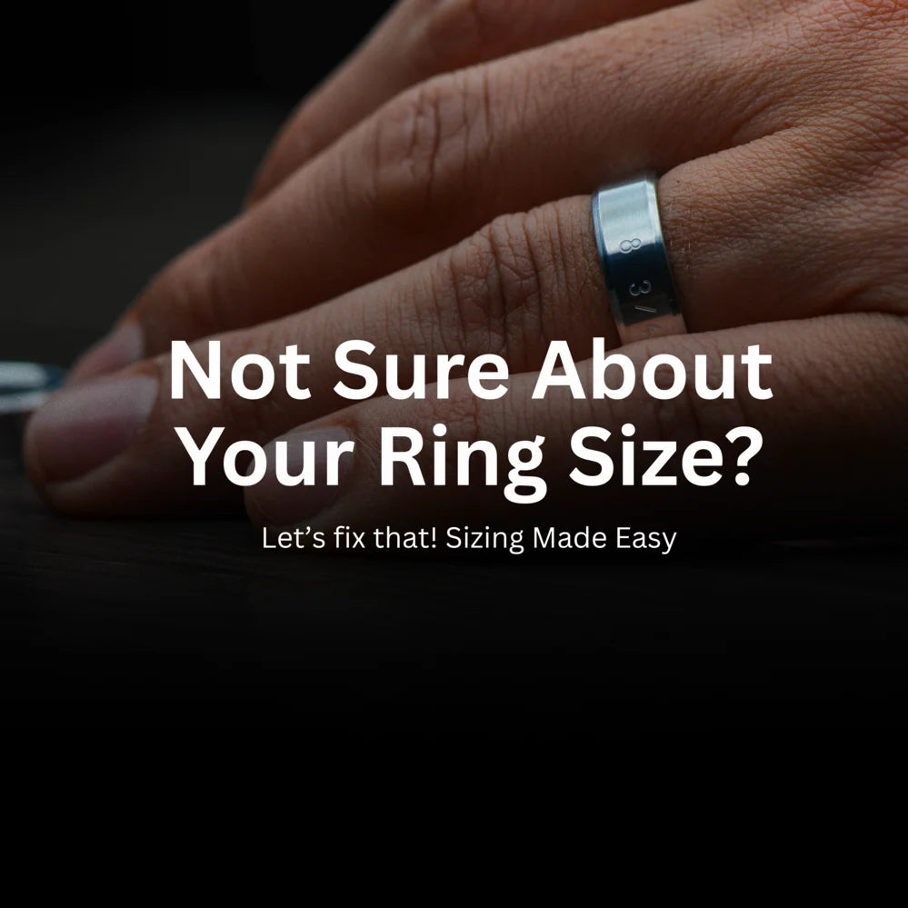 Man testing ring fit at home with silver band – promoting free and easy at-home ring sizing solution for custom wedding bands.