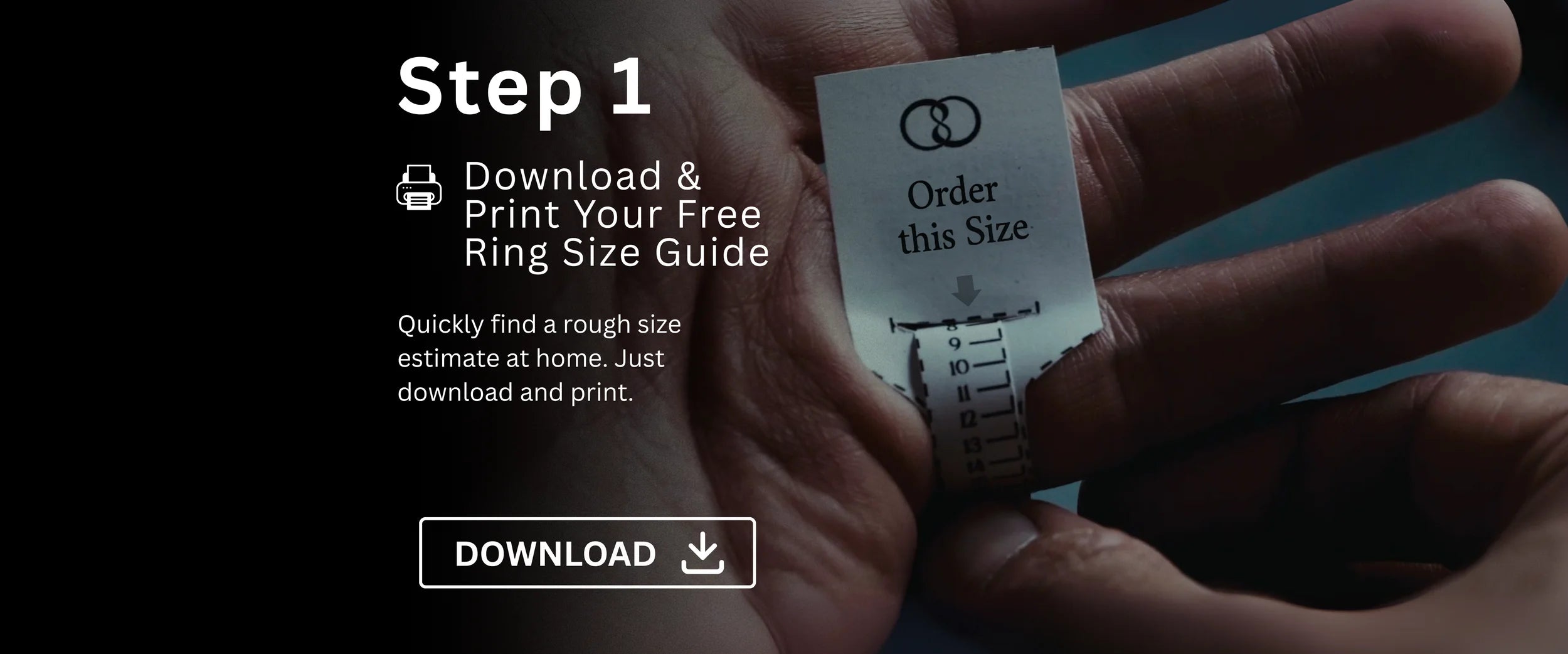 Printable ring size guide showing paper sizer wrapped around finger – Step 1 of free at-home wedding ring sizing process with download option.