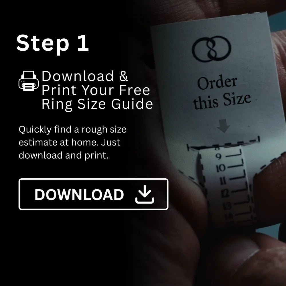 Printable ring size guide showing paper sizer wrapped around finger – Step 1 of free at-home wedding ring sizing process with download option.