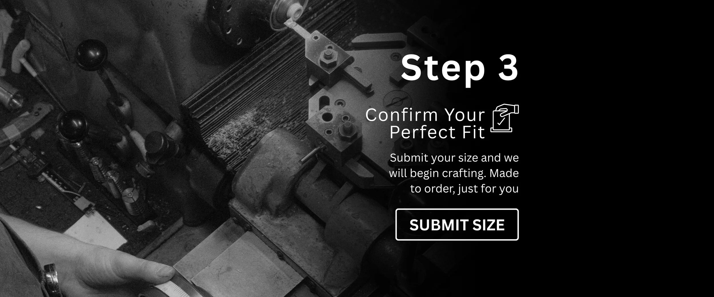 Craftsman operating ring-making machine – Step 3 of custom ring process where customer submits their confirmed size to begin made-to-order production.