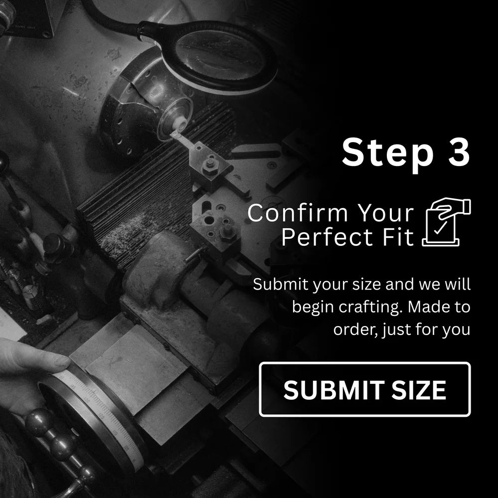 Craftsman operating ring-making machine – Step 3 of custom ring process where customer submits their confirmed size to begin made-to-order production.