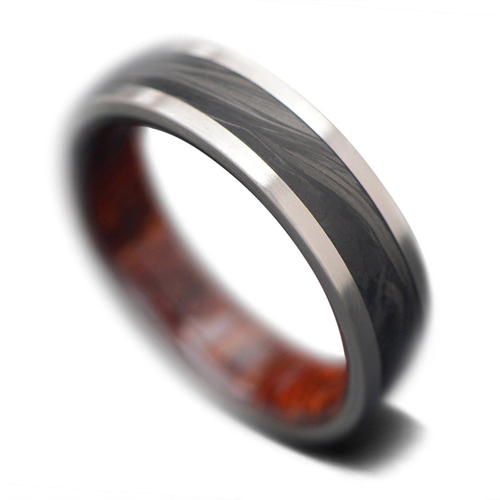 Titanium Ring with ForgedCarbon Inlay and koa Wood, Men's Wedding Band