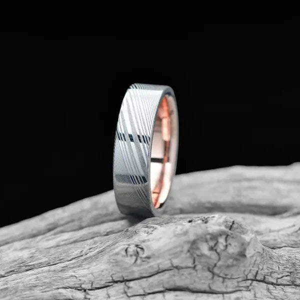 Unique Damascus Men's Wedding Band with Rose Gold Inner Sleeve | 7mm