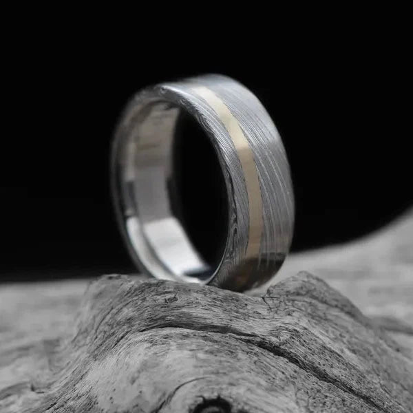 Damascus Men's Wedding Band with Gold Inlay & Titanium Sleeve | 7mm
