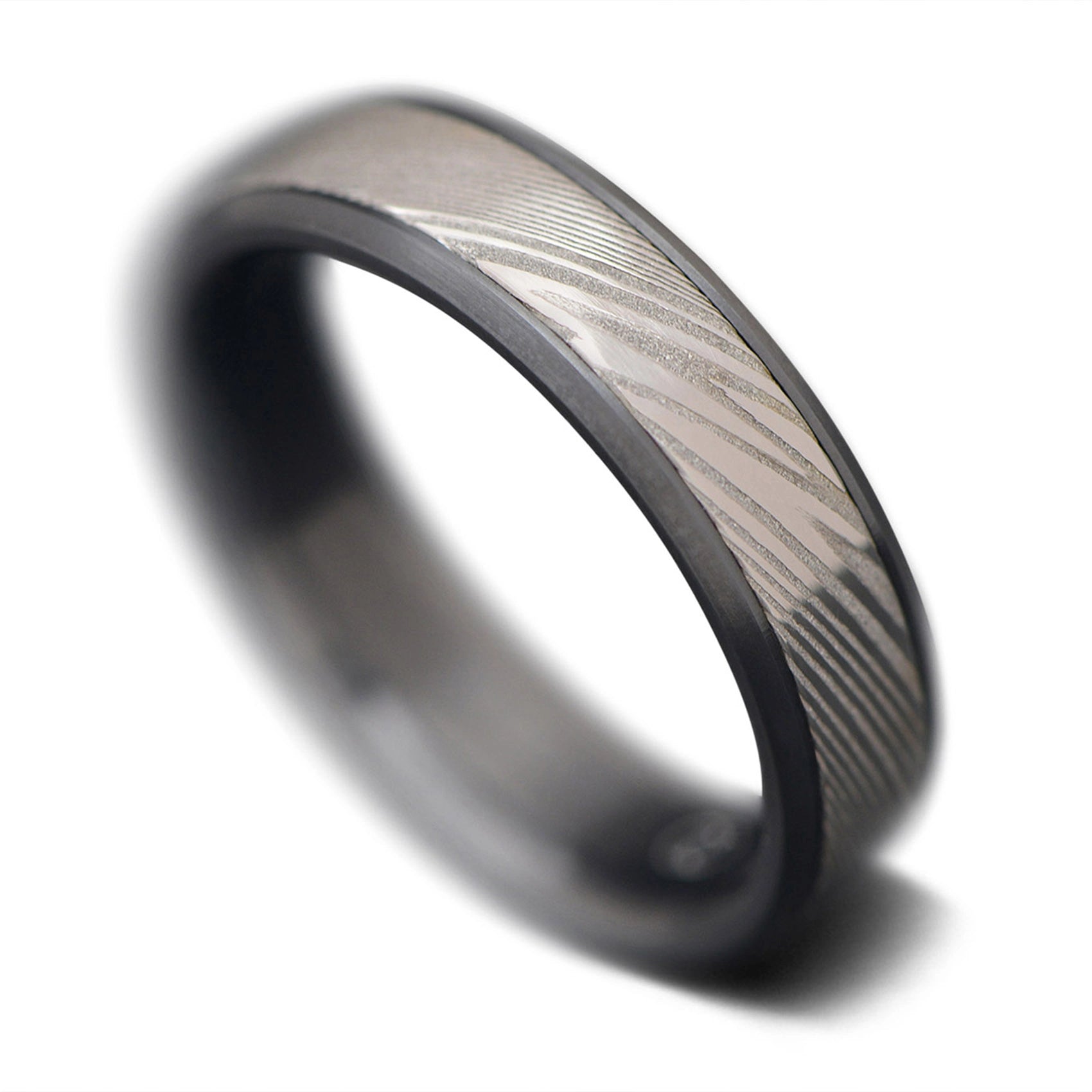 Black Unique Men's Wedding Band with Damascus Inlay And Zirconium Core