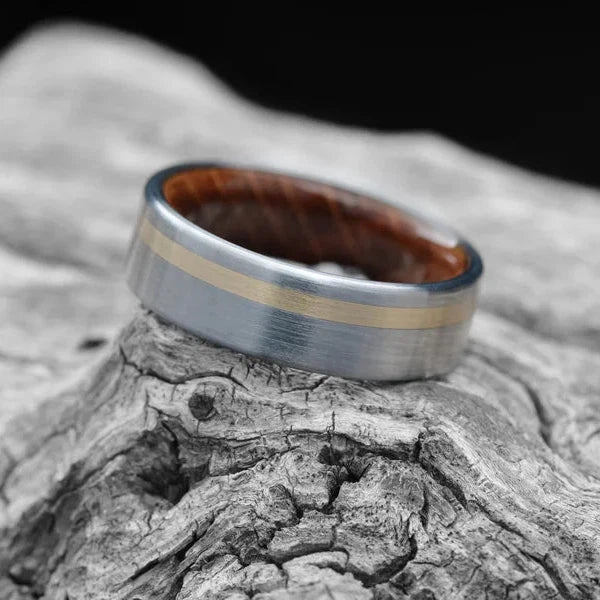 Titanium Men's Wedding Band with 14KY Gold & Whiskey Barrel Oak 7mm