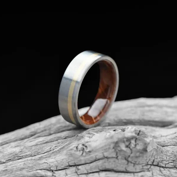 Titanium Men's Wedding Band with 14KY Gold & Whiskey Barrel Oak 7mm