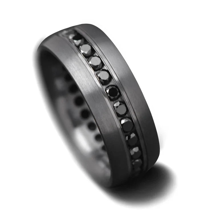 Mens 7mm tantalum wedding band with eternity set precious stones, featuring a brushed domed profile, available with free engraving, displayed on a white background.