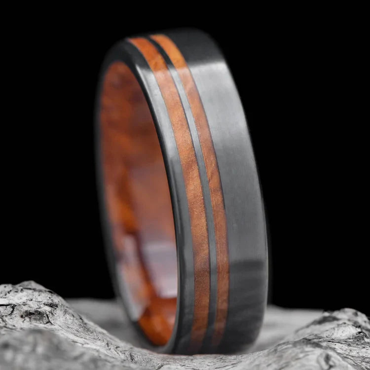 Black Titanium Wedding Band with Western Maple Burl Inlays on white sea branch, 7mm mens ring with unique brushed finish, free engraving available.