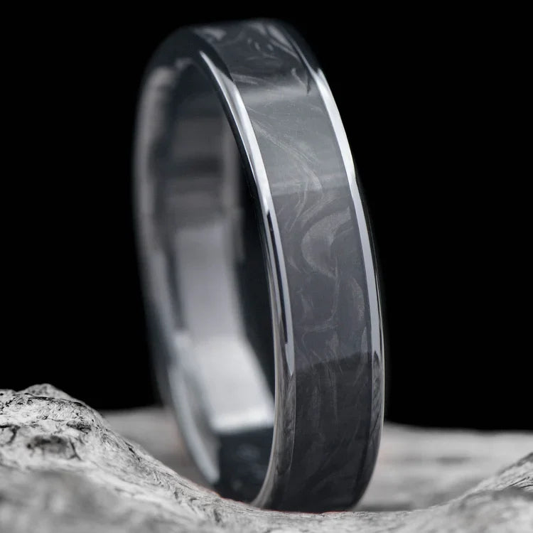 Black Titanium Wedding Band with Central Forged Inlay on White Sea Branch, 5mm Polished Flat Profile, Free Engraving, Simple Custom Ring for Weddings