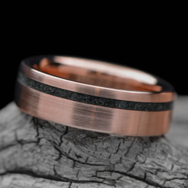 14K rose gold wedding band with moss agate inlay, 6mm mens ring, brushed flat profile, unique custom design, free engraving, displayed on white sea branch.