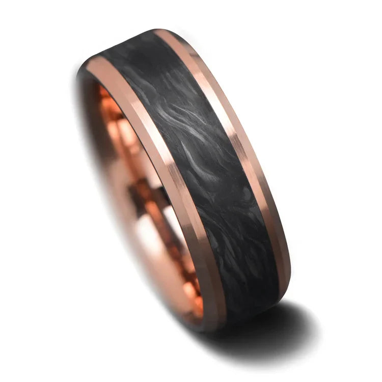 14K rose gold mens wedding band with central forged inlay, unique brushed bevel profile, 7mm width, free engraving option, displayed on a white background