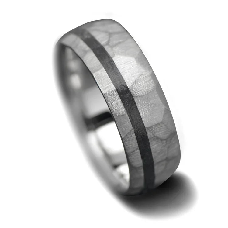 14KW mens wedding ring with unidirectional inlay, faceted domed profile, 7mm width, free engraving, custom design on a white background