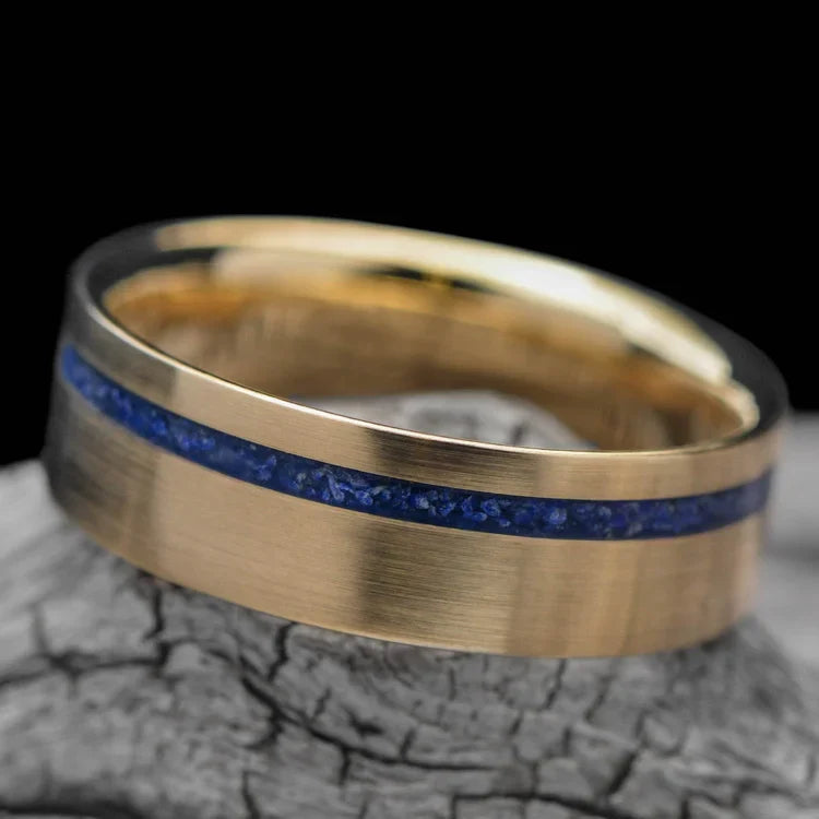 14KY Gold Wedding Band with Lapis Lazuli Inlay, 6mm Mens Wedding Ring, Brushed Flat Profile, Unique Design, Free Engraving, displayed on white sea branch background.