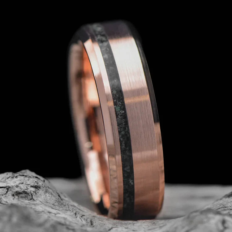 14K Rose Gold Wedding Band with Moss Agate Inlay, 6mm Mens Ring, Brushed Bevel Profile, Unique Design, Free Engraving, Wedding Ring on White Sea Branch Background