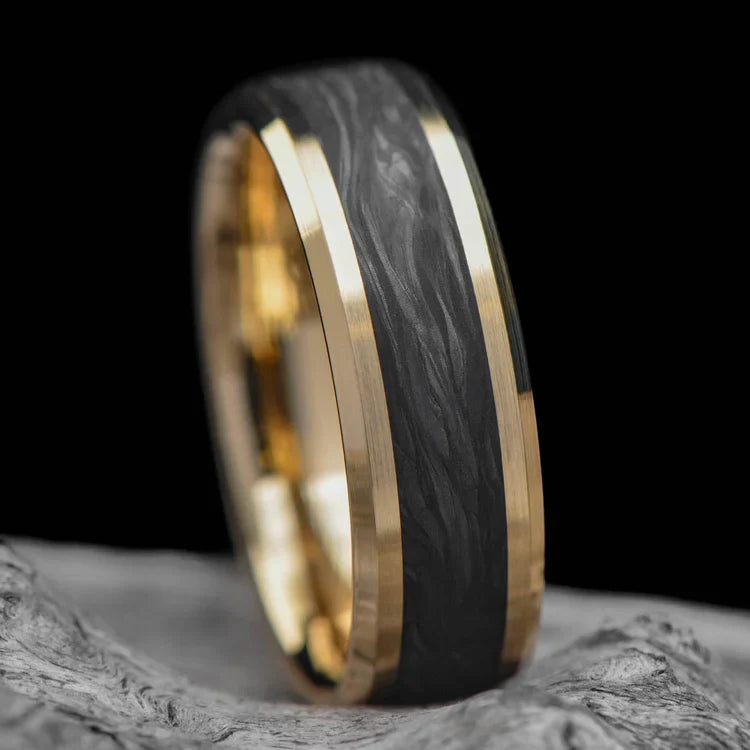 14KY Gold Mens Wedding Band with Central Forged Inlay, 7mm width, featuring a polished bevel profile, custom engraving available; displayed on a white sea branch background.