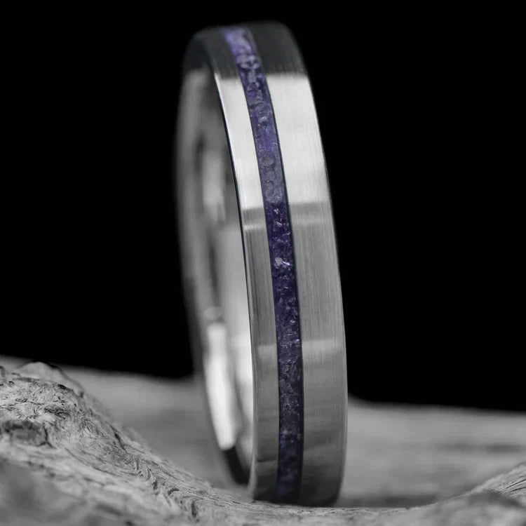 14KW wedding band with amethyst inlay on white sea branch, 4mm custom brushed flat profile, unique wedding ring with free engraving option.
