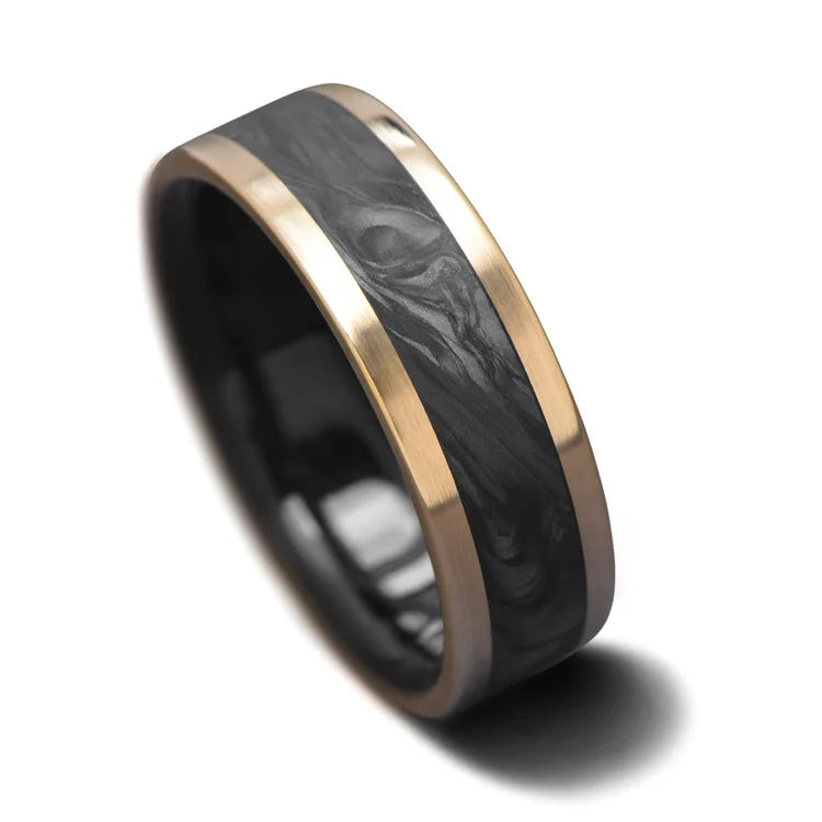 14K Yellow Gold Mens Wedding Band with Central Forged Inlay and Forged Inner Sleeve, 7mm Brushed Flat Profile, Free Engraving Option, on White Background