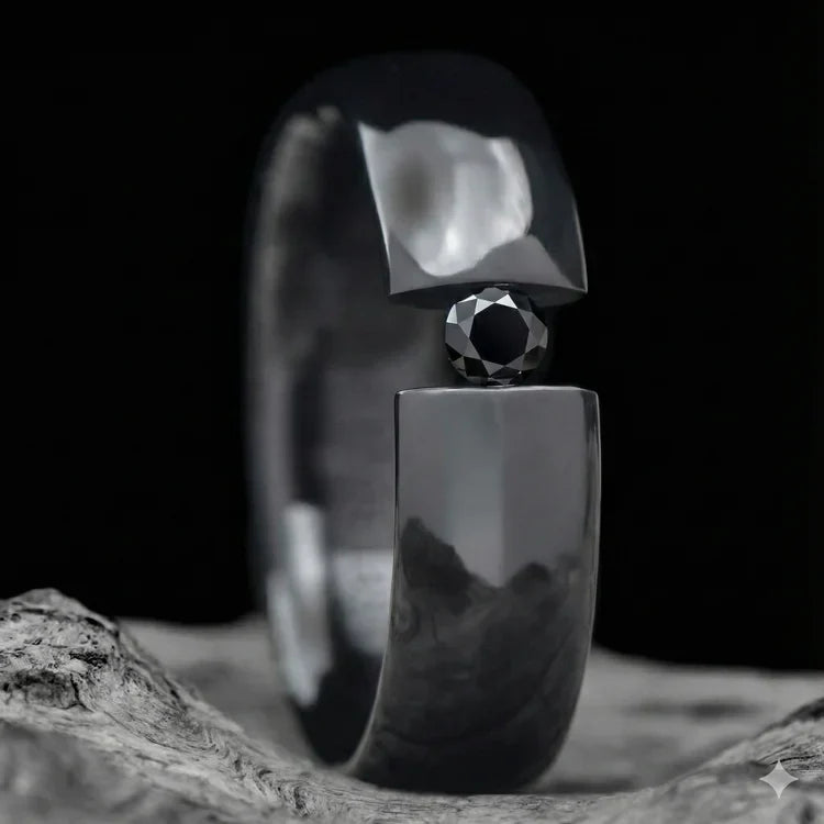 Black Titanium Wedding Band with Tension Set Diamond on White Sea Branch, 6mm Mens Wedding Ring, Polished Domed Profile, Free Engraving Available