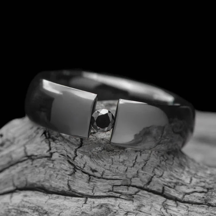 Black Titanium Wedding Band with Tension Set Diamond on White Sea Branch, 6mm Mens Polished Domed Profile Ring, Free Engraving Available