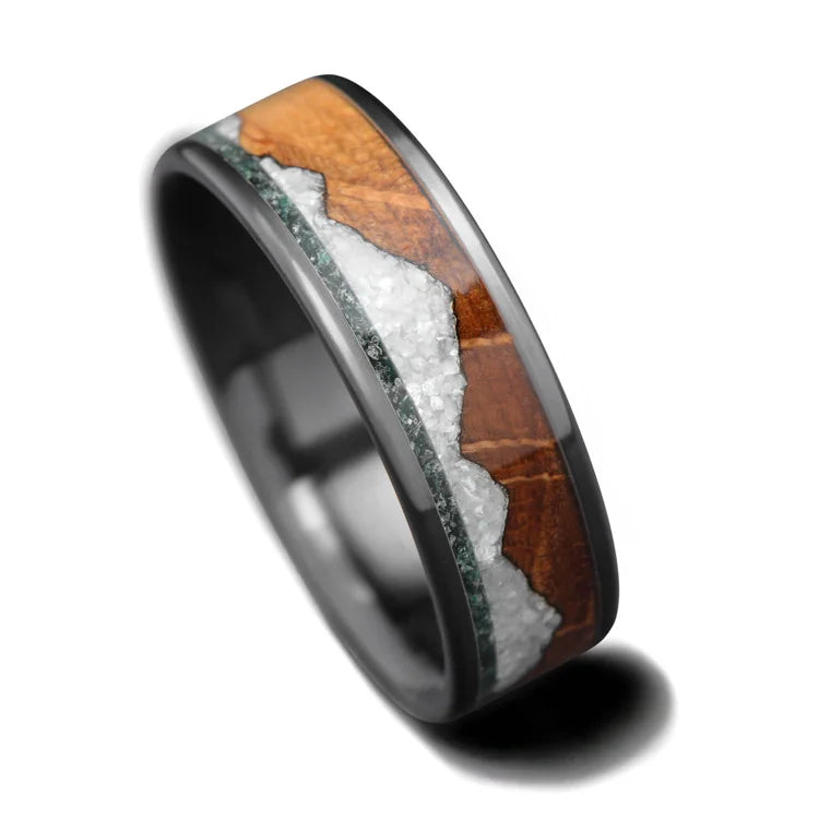 Black Titanium Wedding Band with Moss Agate, Whiskey Barrel Oak, and Pearl Inlays on White Background, 7mm Mens Wedding Ring, Unique Design, Free Engraving Available