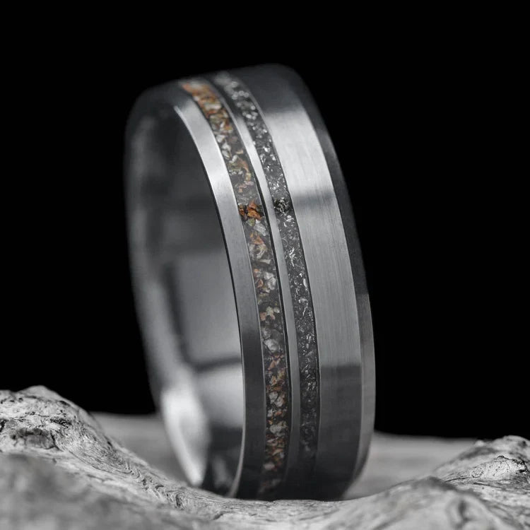 Unique Zirconium Wedding Band with Crushed T-Rex and Meteorite Inlays, 7mm Mens Ring on White Sea Branch, Free Engraving Available