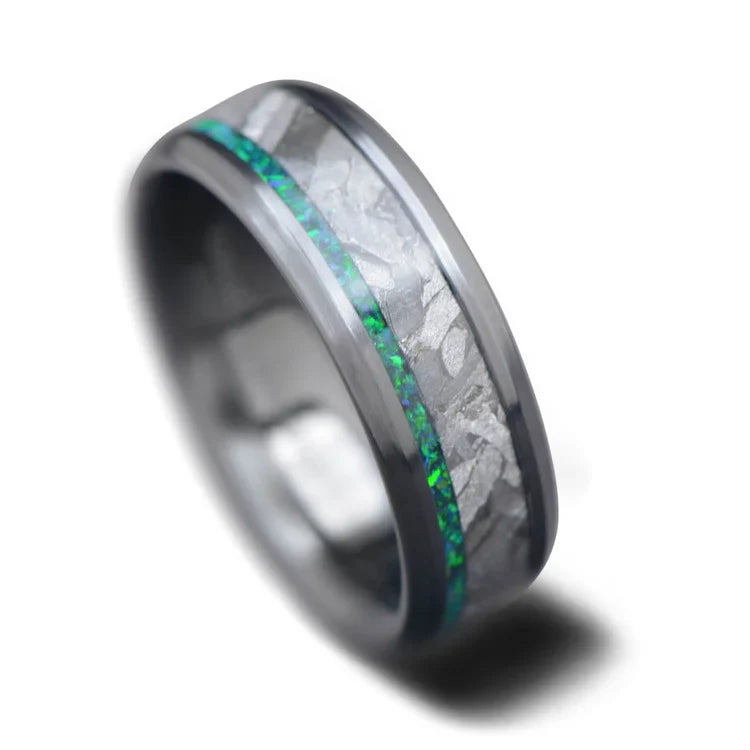 Black titanium wedding band featuring black emerald opal and meteorite inlays, 7mm mens ring, unique design, free engraving option, displayed on a white background.