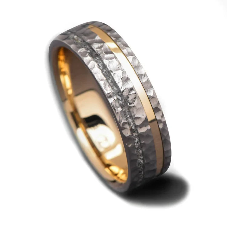 Titanium wedding band with 14KY and ashes inlays, free engraving, 7mm mens ring, faceted flat profile, unique design on white background.