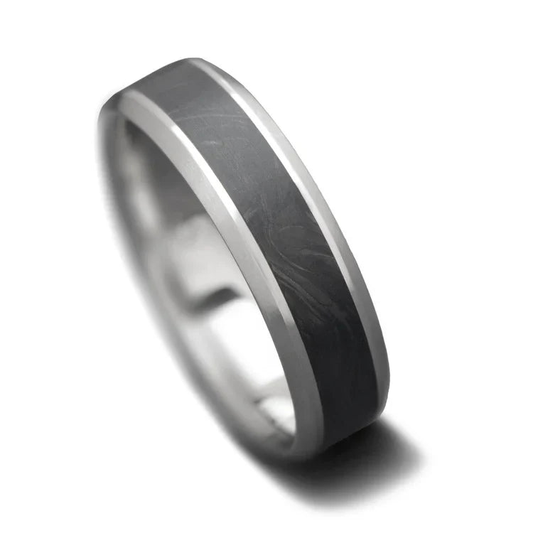 Mens 14KW wedding band with central forged inlay, brushed flat profile, 6mm width, customizable with free engraving, displayed on a white background.