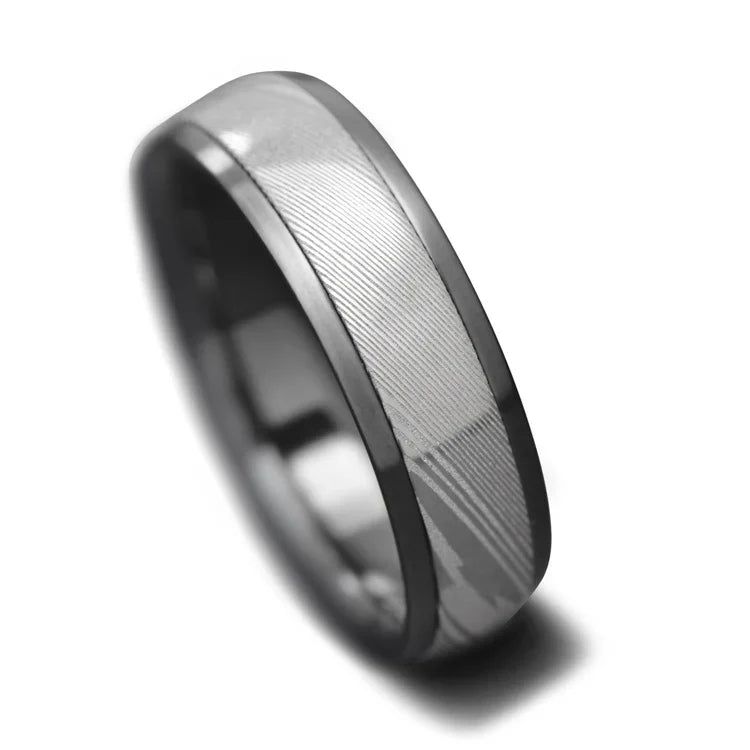 Zirconium ring with central dense twist inlay, free engraving available, 7mm mens wedding band, polished domed profile, unique mens ring on white background.