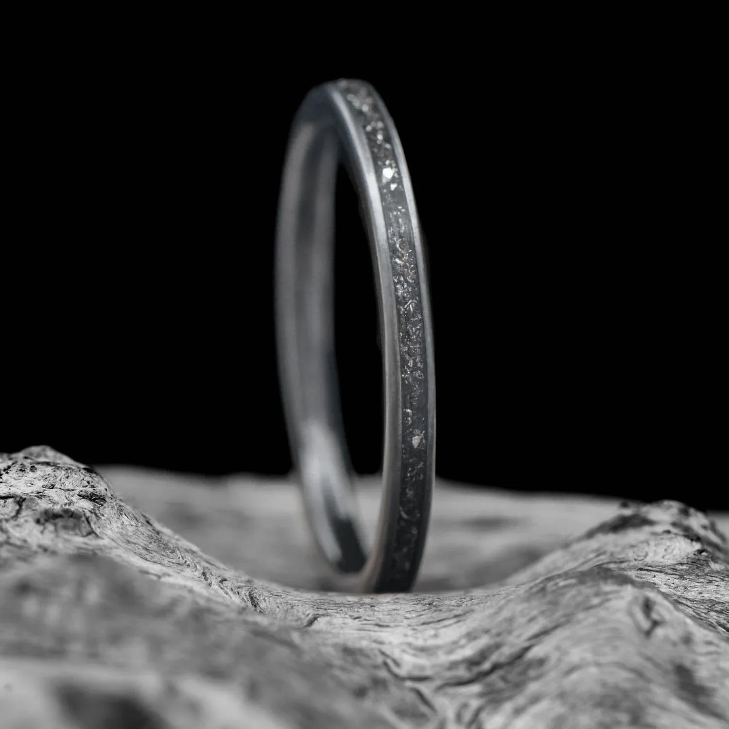 Zirconium wedding band with central meteorite inlay, 2mm womens ring, unique custom design, free engraving, displayed on white sea branch.