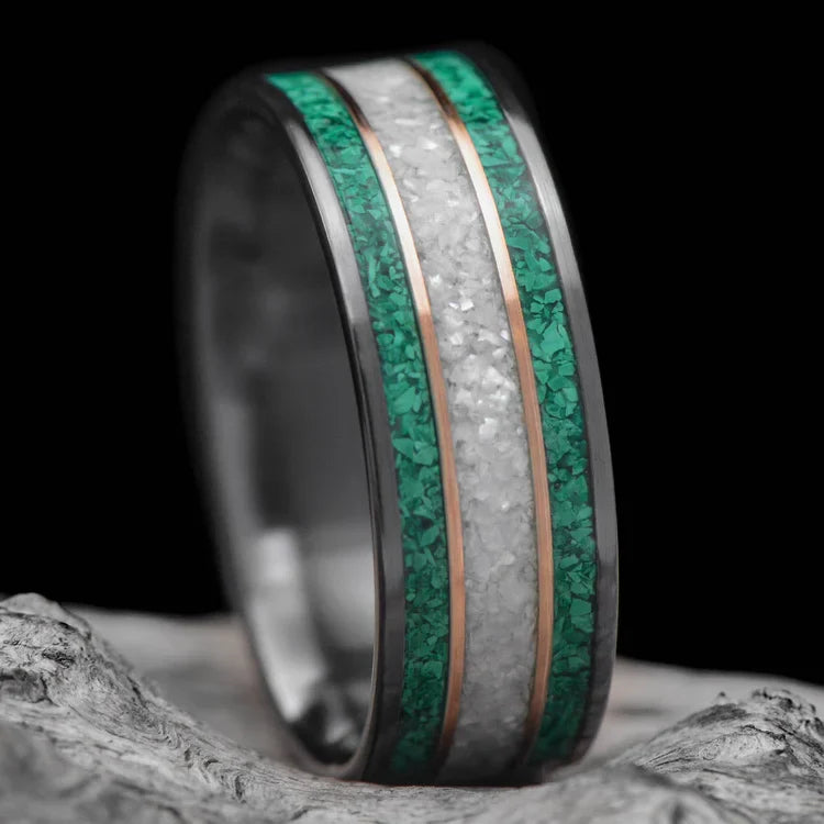 Black titanium wedding band with dual 14K yellow gold inlays and pearl center on white sea branch, 8mm mens custom ring with free engraving.