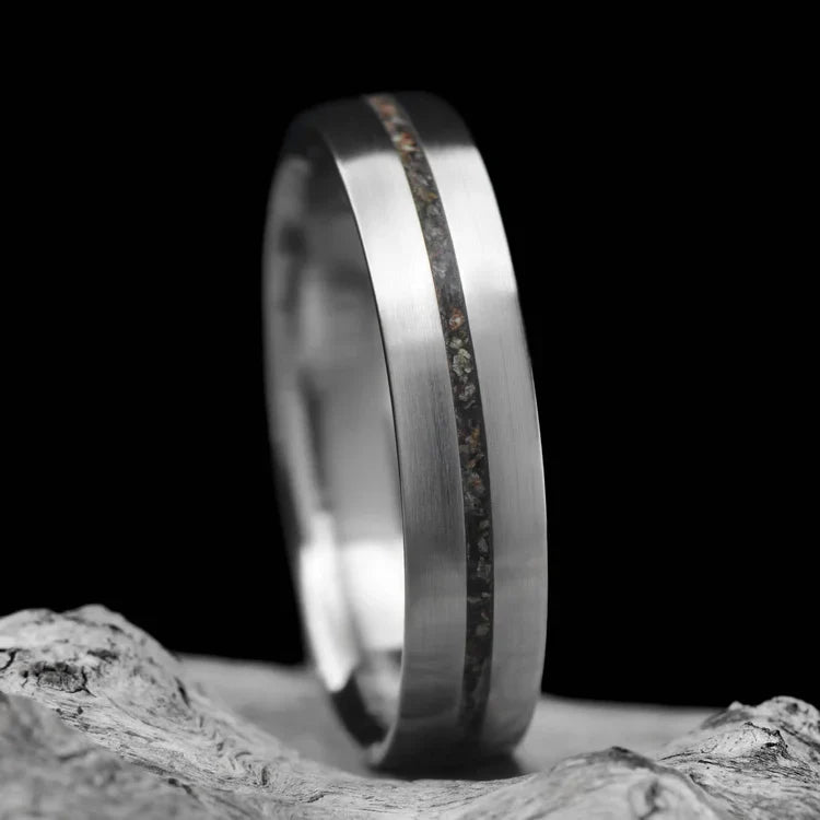 Titanium wedding band with central crushed T-Rex inlay, 5mm unique custom design, free engraving available, displayed on a white sea branch.