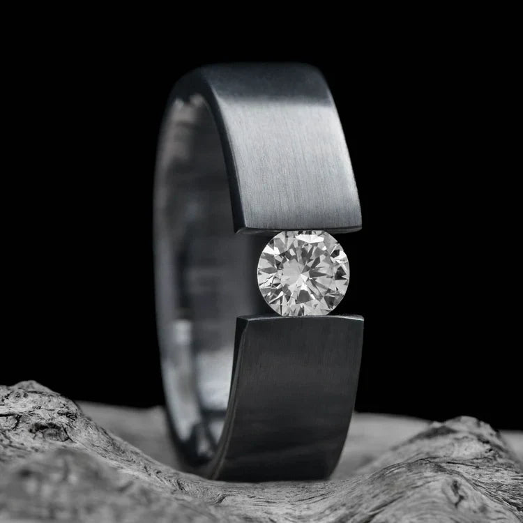 Black Titanium Wedding Band with Tension Set Diamond on White Sea Branch, 7mm Mens Ring, Brushed Flat Profile, Free Engraving Available