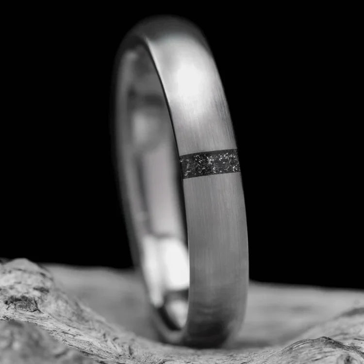 Titanium wedding band with meteorite inlay, 4mm custom simple ring, unique design, free engraving, displayed on a white sea branch, perfect for modern weddings.