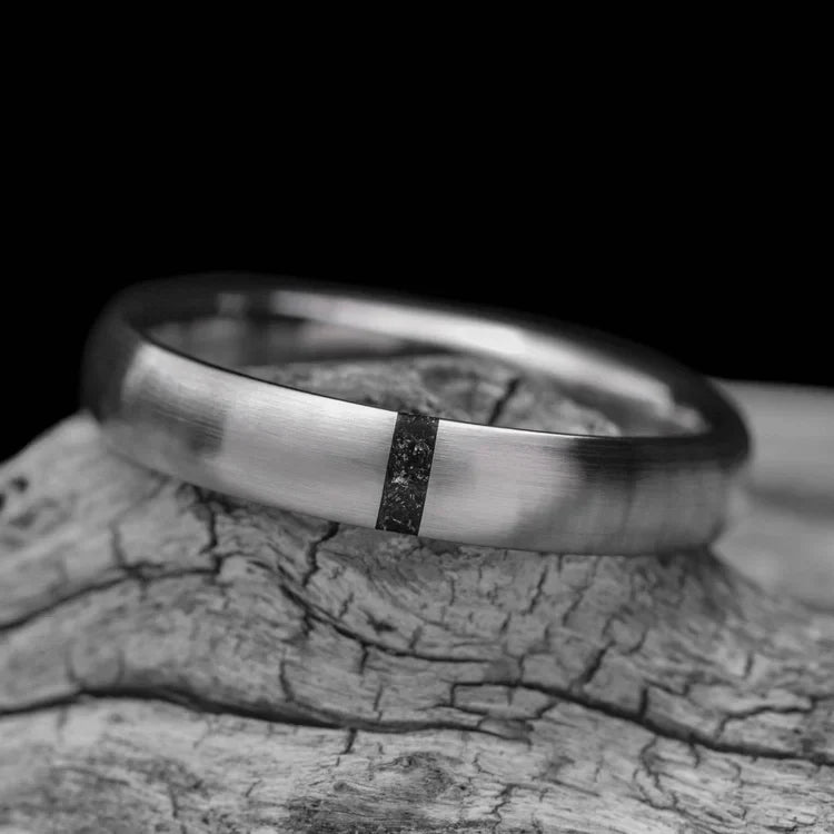 Titanium wedding band with meteorite inlay, 4mm custom simple ring, unique wedding band on white sea branch, free engraving available