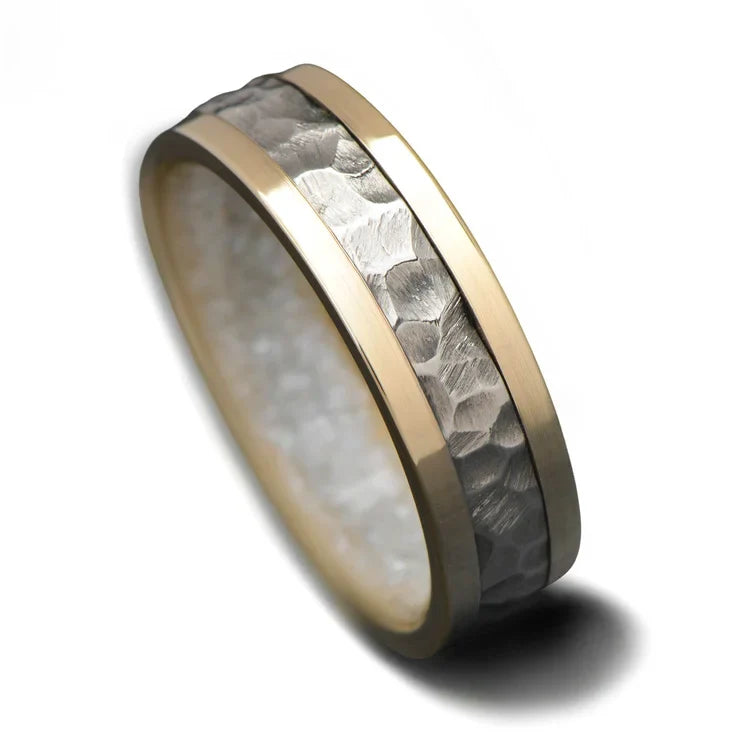 14KY gold wedding band with central 14KW gold inlay, pearl inner sleeve, 6mm mens hammered flat profile ring on white background, free engraving available, unique design