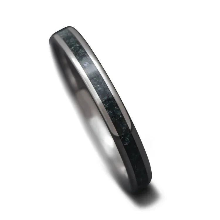 Titanium wedding band with central moss agate inlay, 3mm womens custom ring, free engraving option, displayed on a white background.
