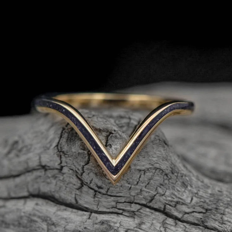 14K yellow gold wedding band with central amethyst inlay, free engraving, 2mm womens ring, polished flat profile, custom gold ring on white sea branch.