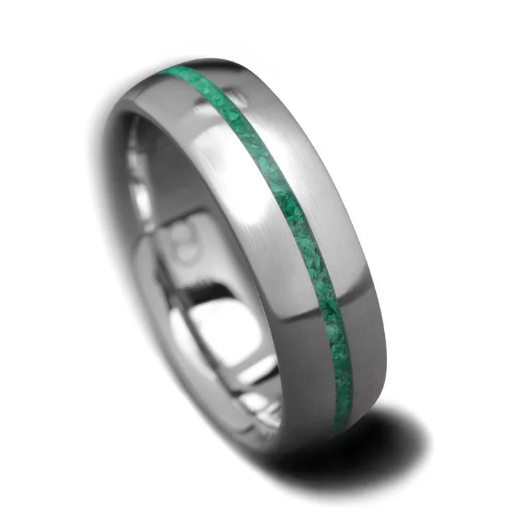 Mens 10KW wedding band with malachite inlay, brushed domed profile, 6mm width, unique custom ring on white background, free engraving available