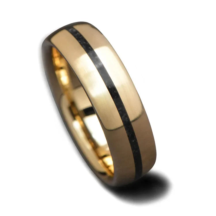 14KY gold mens wedding band with central black onyx inlay, 6mm brushed domed profile, unique design, free engraving option, displayed on white background