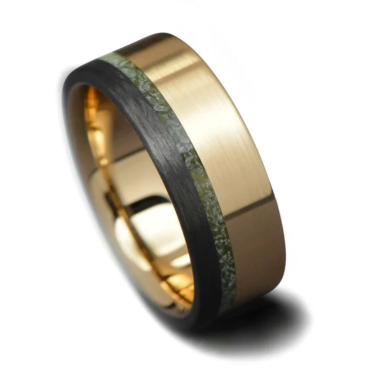 14KY gold mens wedding band with unidirectional and chrome diopside inlays, 8mm unique custom design, free engraving available, displayed on a white background.