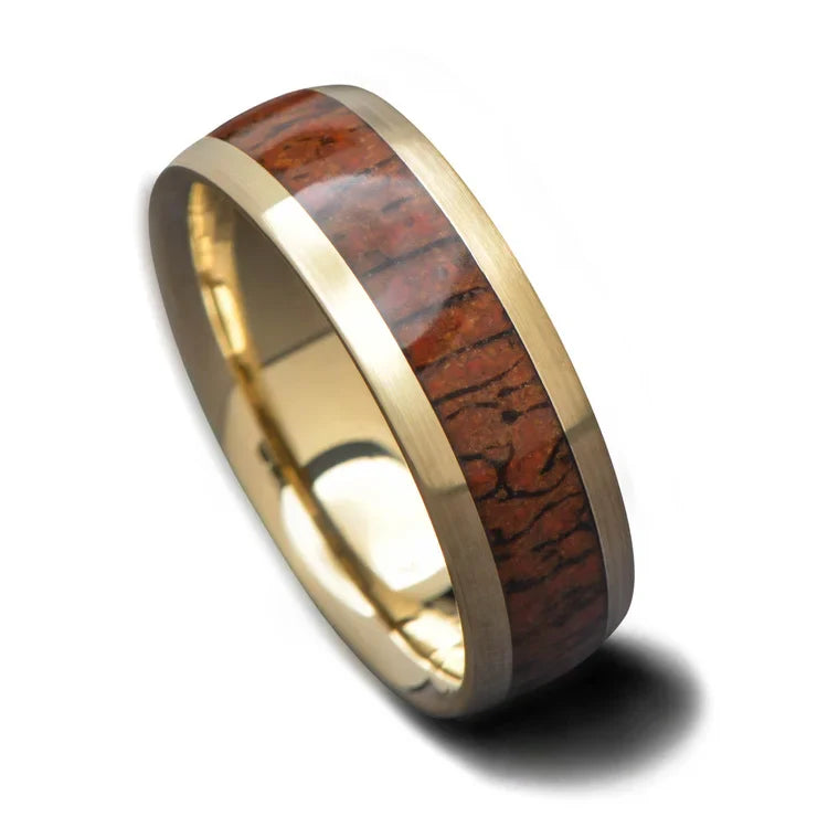 10KY gold mens wedding band with unique solid T-Rex central inlay, 7mm width, customizable with free engraving, displayed on a white background.