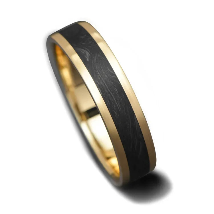 10KY gold mens wedding band with central forged inlay, custom brushed flat profile, 6mm width, free engraving option, displayed on a white background