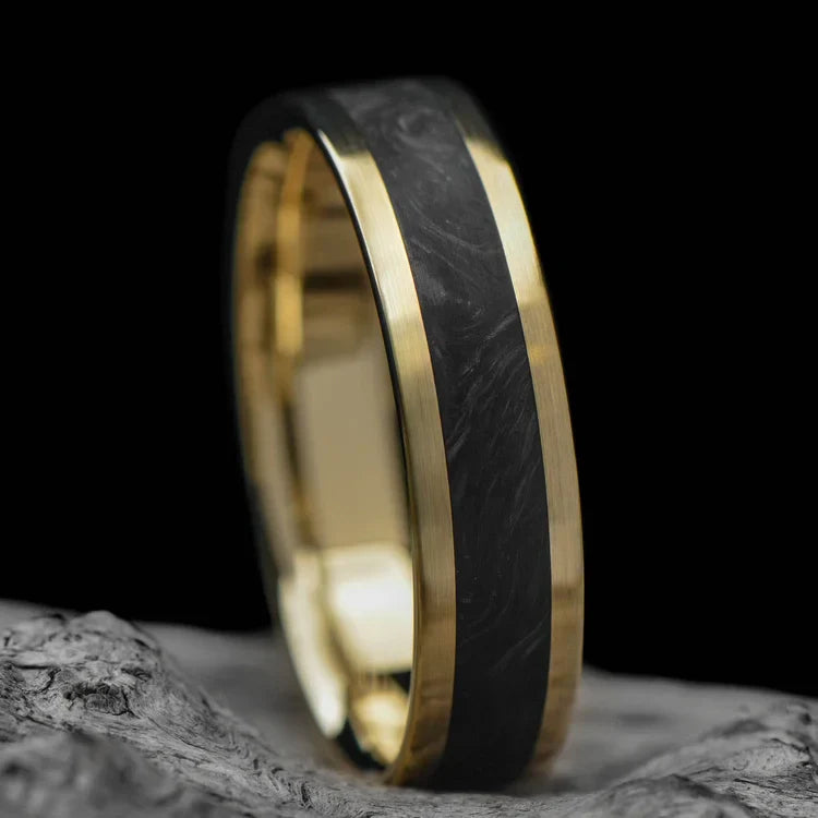 10KY Gold Wedding Band with Central Forged Inlay, 6mm Mens Ring, Custom Brushed Flat Profile, Free Engraving, displayed on a white sea branch