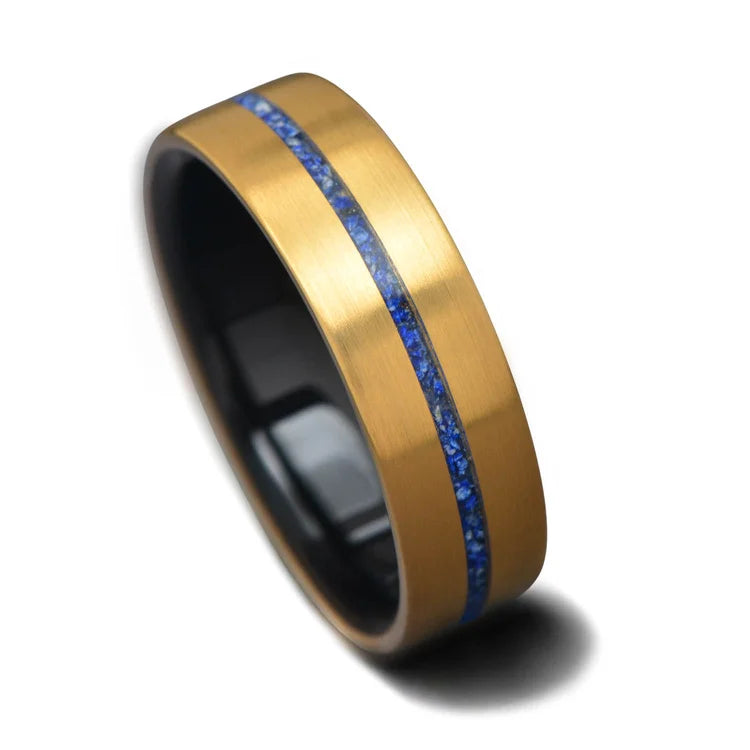 22KY gold wedding band with lapis lazuli inlay and African blackwood sleeve, 7mm unique mens ring, free engraving, mens wedding ring on white background