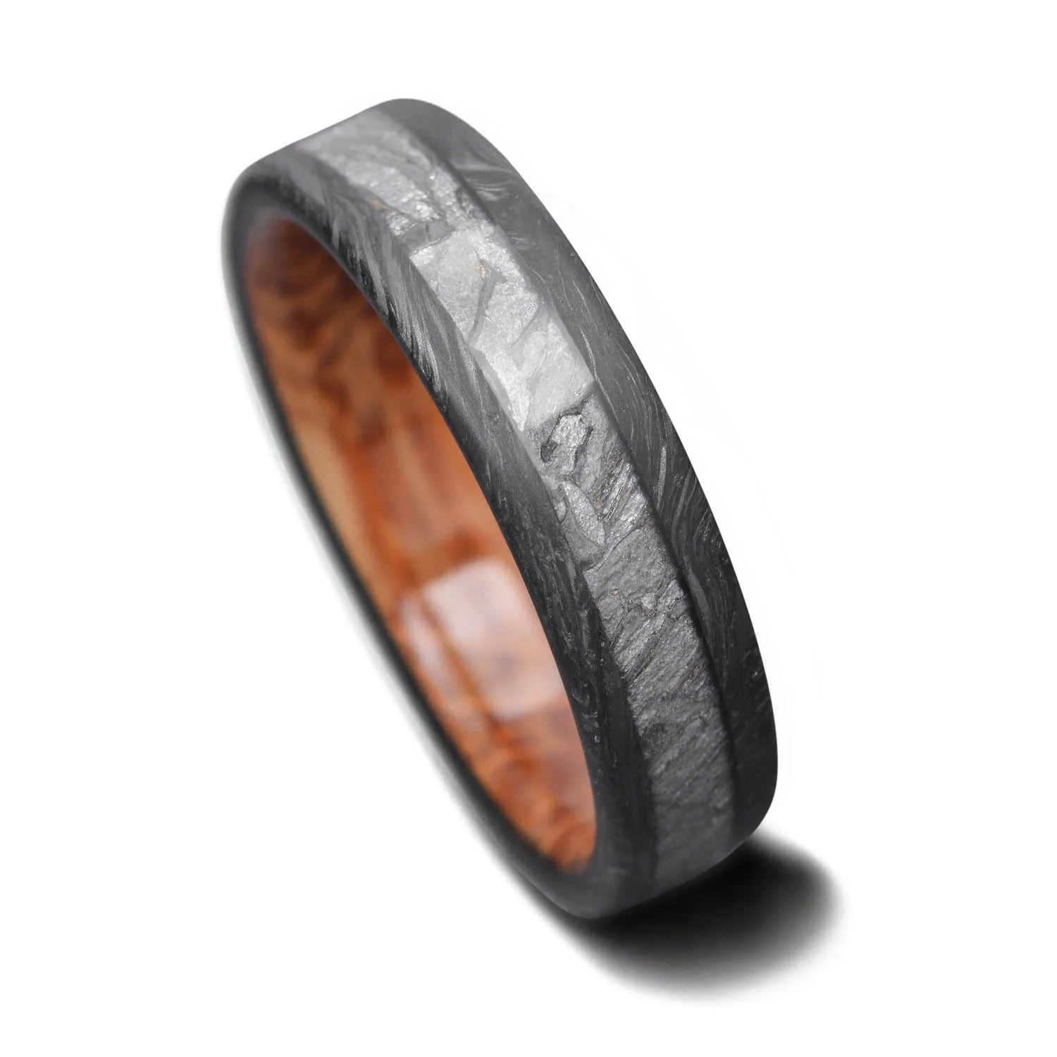 Mens 6mm wedding band featuring a solid meteorite central inlay and whiskey barrel oak sleeve, available with free engraving, displayed on a white background.