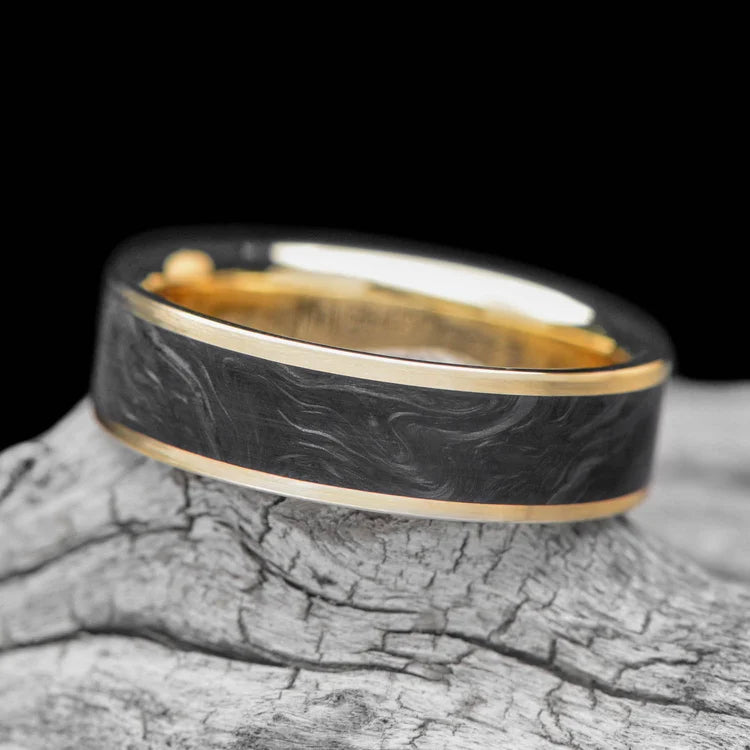 14K yellow gold mens wedding band with a central forged inlay, custom polished flat profile, 6mm width, free engraving, displayed on a white background